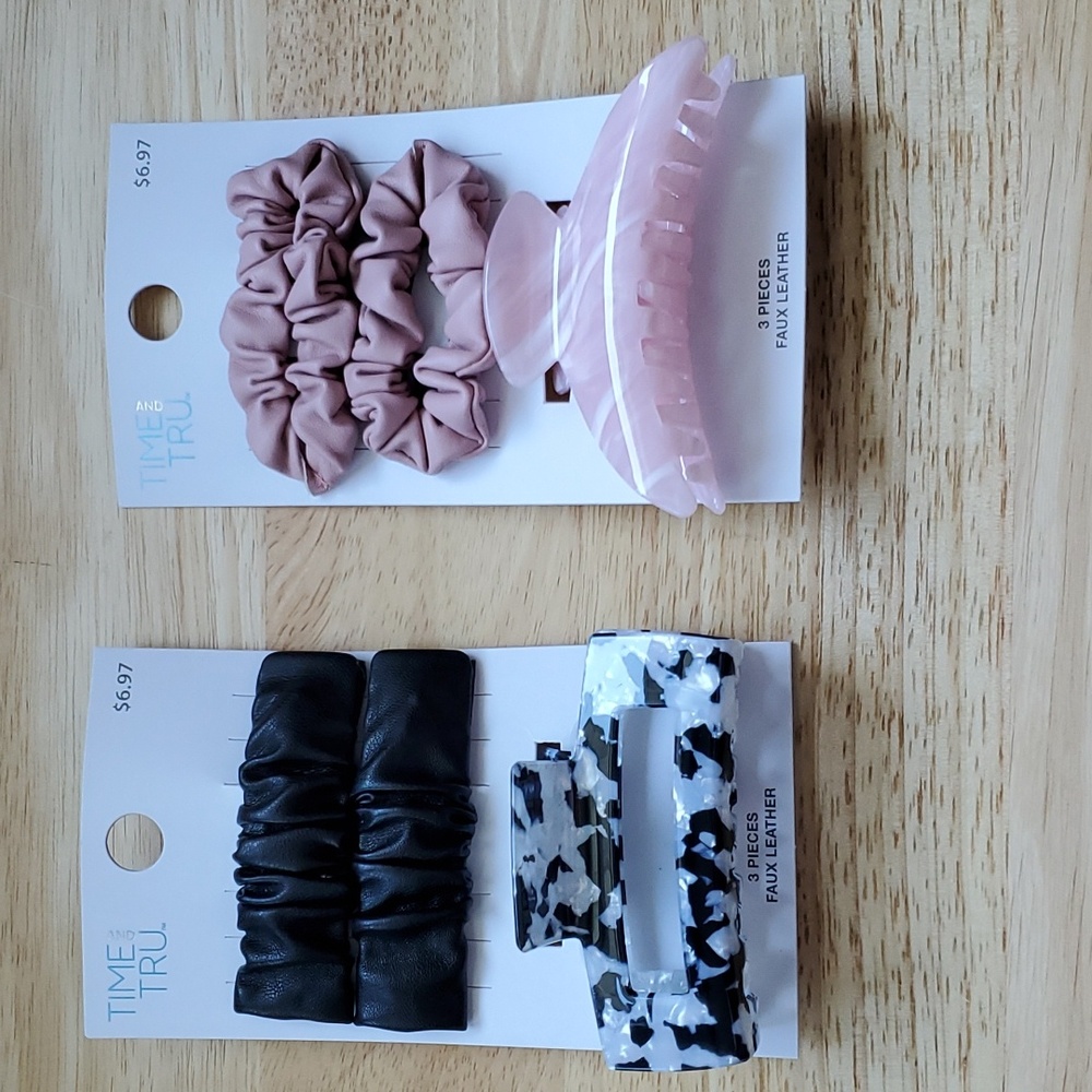 Time And Tru 2 Claws & 4 Faux Leather Clip Barrettes New